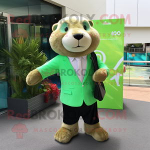 Lime Green Otter mascot costume character dressed with a Suit and Wallets