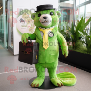 Lime Green Otter mascot costume character dressed with a Suit and Wallets