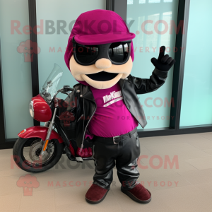 Magenta Steak mascot costume character dressed with a Biker Jacket and Tote bags