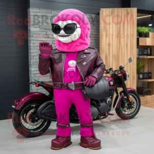 Magenta Steak mascot costume character dressed with a Biker Jacket and Tote bags