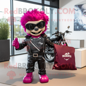 Magenta Steak mascot costume character dressed with a Biker Jacket and Tote bags
