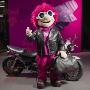 Magenta Steak mascot costume character dressed with a Biker Jacket and Tote bags