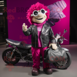 Magenta Steak mascot costume character dressed with a Biker Jacket and Tote bags