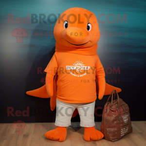 Orange Humpback Whale mascot costume character dressed with a Henley Tee and Tote bags