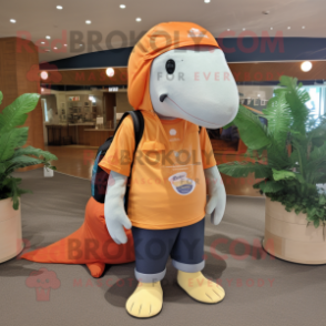 Orange Humpback Whale mascot costume character dressed with a Henley Tee and Tote bags