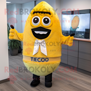 Yellow Tacos mascot costume character dressed with a Dress Pants and Ties