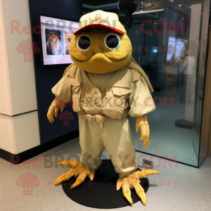 Gold Crab Cakes mascot costume character dressed with a Cargo Pants and Shawl pins