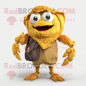 Gold Crab Cakes mascot costume character dressed with a Cargo Pants and Shawl pins