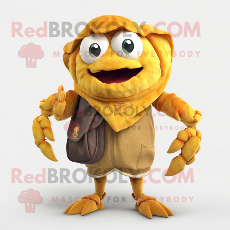 Gold Crab Cakes mascot costume character dressed with a Cargo Pants and Shawl pins