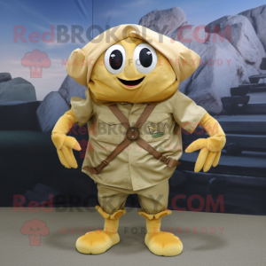 Gold Crab Cakes mascot costume character dressed with a Cargo Pants and Shawl pins