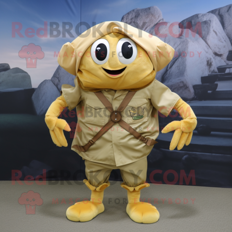 Gold Crab Cakes mascot costume character dressed with a Cargo Pants and Shawl pins Gold Crab Cakes mascot costume character dressed with a Cargo Pants and Shawl pins