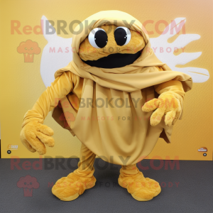 Gold Crab Cakes mascot costume character dressed with a Cargo Pants and Shawl pins