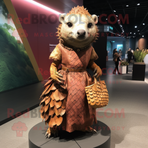 Rust Pangolin mascot costume character dressed with a Pleated Skirt and Handbags