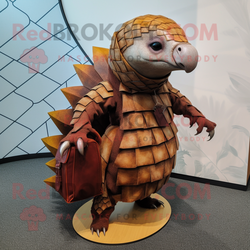 Rust Pangolin mascot costume character dressed with a Pleated Skirt and Handbags