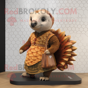 Rust Pangolin mascot costume character dressed with a Pleated Skirt and Handbags