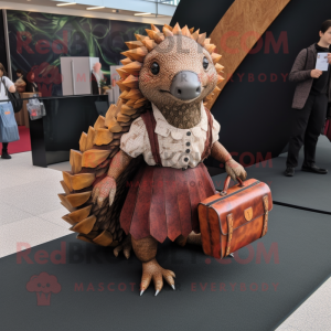 Rust Pangolin mascot costume character dressed with a Pleated Skirt and Handbags