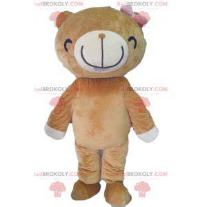 Mascot beige y oso blanco con una amplia sonrisa -