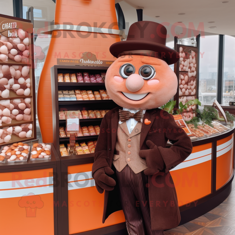 Peach Chocolate Bars mascot costume character dressed with a Blazer and Berets Peach Chocolate Bars mascot costume character dressed with a Blazer and Berets