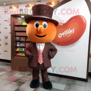 Peach Chocolate Bars mascot costume character dressed with a Blazer and Berets