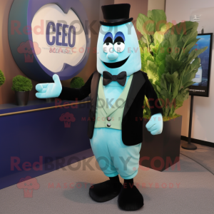 Blue Celery mascot costume character dressed with a Tuxedo and Cufflinks
