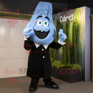 Blue Celery mascot costume character dressed with a Tuxedo and Cufflinks