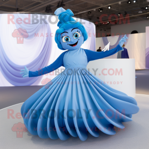 Blue Contortionist mascot costume character dressed with a Pleated Skirt and Rings