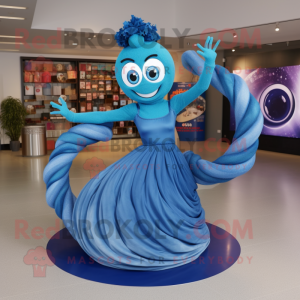 Blue Contortionist mascot costume character dressed with a Pleated Skirt and Rings