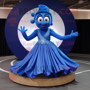 Blue Contortionist mascot costume character dressed with a Pleated Skirt and Rings