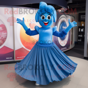 Blue Contortionist mascot costume character dressed with a Pleated Skirt and Rings