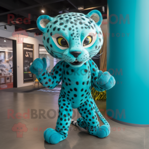 Turquoise Cheetah mascot costume character dressed with a Rash Guard and Hairpins