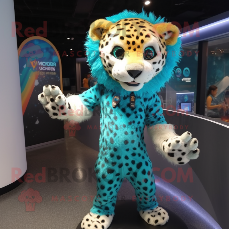 Turquoise Cheetah mascot costume character dressed with a Rash Guard and Hairpins