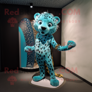 Turquoise Cheetah mascot costume character dressed with a Rash Guard and Hairpins