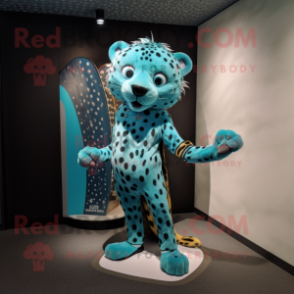 Turquoise Cheetah mascot costume character dressed with a Rash Guard and Hairpins