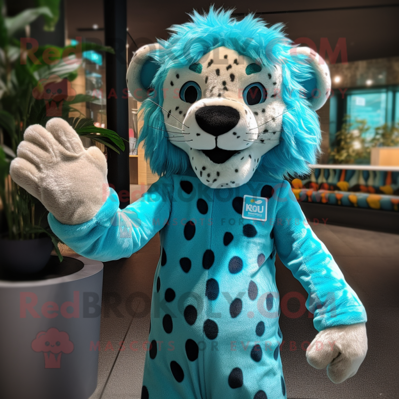 Turquoise Cheetah mascot costume character dressed with a Rash Guard and Hairpins