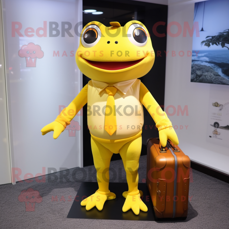 Yellow Frog mascot costume character dressed with a Button-Up Shirt and Briefcases