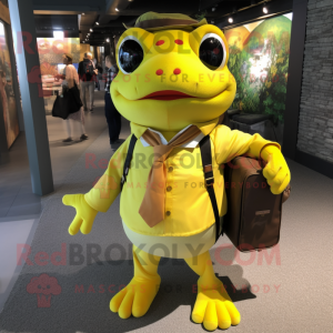 Yellow Frog mascot costume character dressed with a Button-Up Shirt and Briefcases