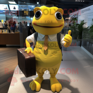 Yellow Frog mascot costume character dressed with a Button-Up Shirt and Briefcases