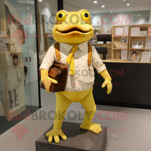 Yellow Frog mascot costume character dressed with a Button-Up Shirt and Briefcases