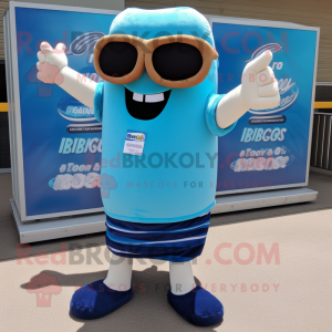 Blue Bbq Ribs mascot costume character dressed with a Running Shorts and Sunglasses
