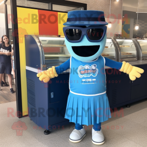 Blue Bbq Ribs mascot costume character dressed with a Running Shorts and Sunglasses