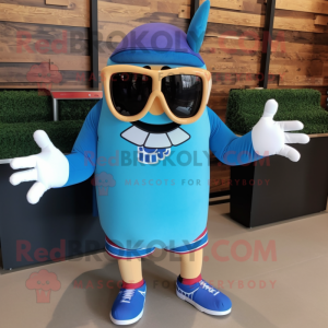 Blue Bbq Ribs mascot costume character dressed with a Running Shorts and Sunglasses