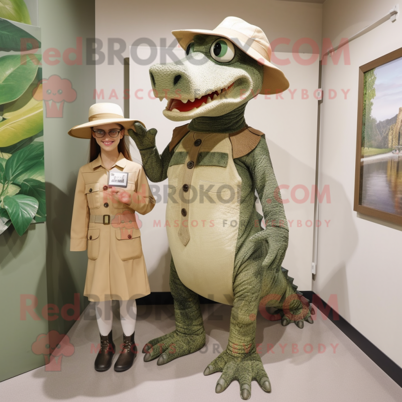 Tan Crocodile mascot costume character dressed with a Shift Dress and Berets