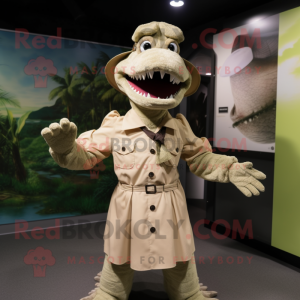 Tan Crocodile mascot costume character dressed with a Shift Dress and Berets