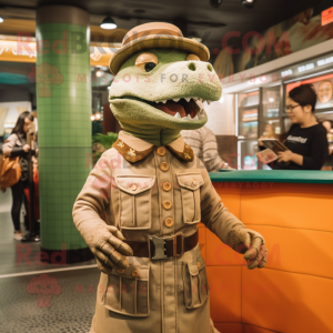 Tan Crocodile mascot costume character dressed with a Shift Dress and Berets