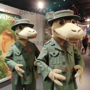 Tan Crocodile mascot costume character dressed with a Shift Dress and Berets
