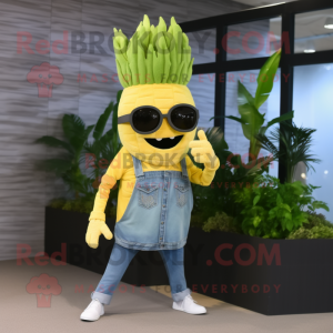 Gold Celery mascot costume character dressed with a Jeans and Sunglasses