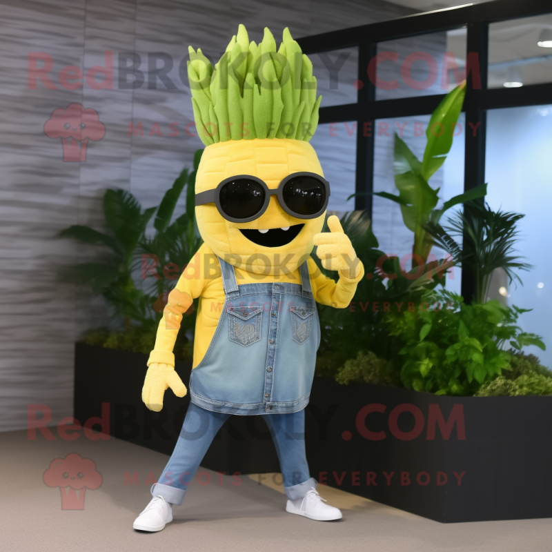 Gold Celery mascot costume character dressed with a Jeans and Sunglasses Gold Celery mascot costume character dressed with a Jeans and Sunglasses