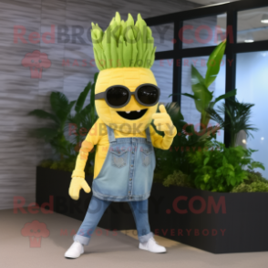 Gold Celery mascot costume character dressed with a Jeans and Sunglasses