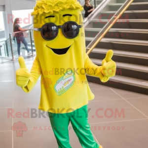 Gold Celery mascot costume character dressed with a Jeans and Sunglasses