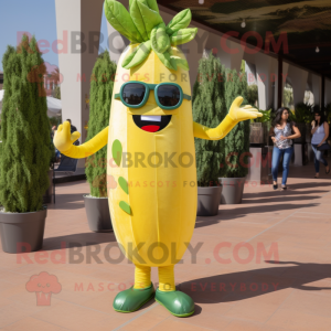 Gold Celery mascot costume character dressed with a Jeans and Sunglasses